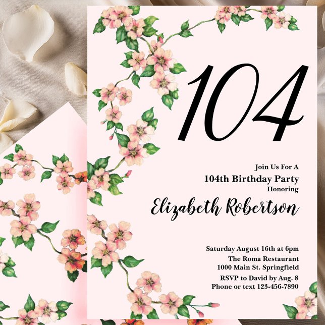 Invitación floral de cumpleaños número 104 en rosa (Subido por el creador)