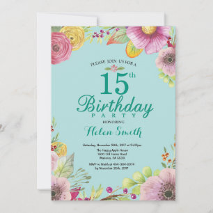 Invitación floral de cumpleaños número 15 para muj