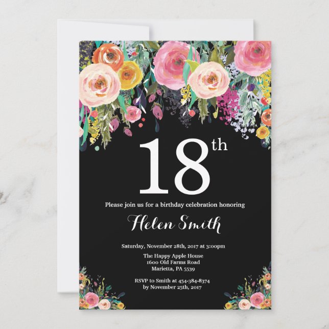 Invitación floral de cumpleaños número 18 (Anverso)