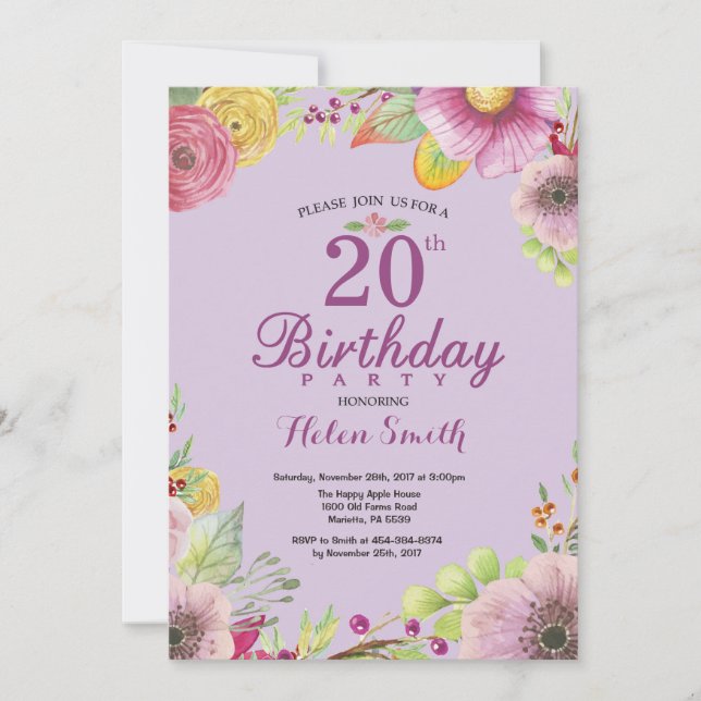 Invitación floral de cumpleaños número 20 para muj (Anverso)