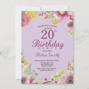 Invitación floral de cumpleaños número 20 para muj