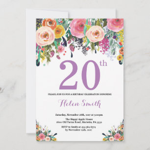 Invitación floral de cumpleaños número 20 púrpura