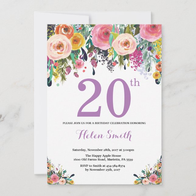 Invitación floral de cumpleaños número 20 púrpura (Anverso)