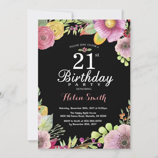 Invitación floral de cumpleaños número 21 para muj (Anverso)
