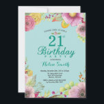 Invitación floral de cumpleaños número 21 para muj<br><div class="desc">Invitación floral de cumpleaños número 21 para mujeres. Floral acuarela,  fondo turquesa aqua azul teal. Para una mayor personalización,  haga clic en el botón "Personalizar" y utilice nuestra herramienta de diseño para modificar esta plantilla.</div>