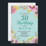 Invitación floral de cumpleaños número 30 para muj<br><div class="desc">Invitación floral de cumpleaños número 30 para mujeres. Acuarela floral,  fondo turquesa aqua teal. Para una mayor personalización,  haga clic en el botón "Personalízalo" y utilice nuestra herramienta de diseño para modificar esta plantilla.</div>