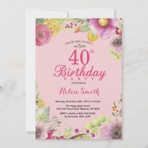 Invitación floral de cumpleaños número 40 para muj