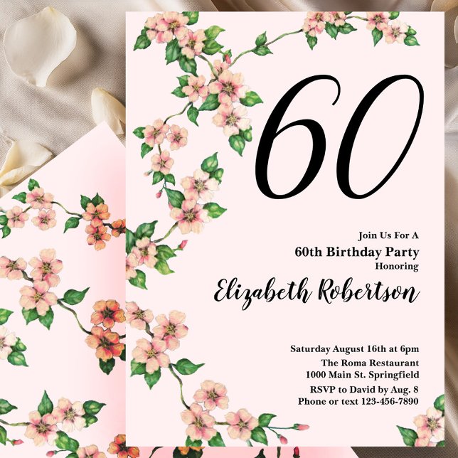 Invitación floral de cumpleaños número 60 en rosa  (Subido por el creador)
