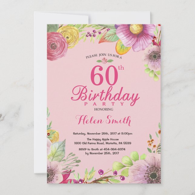 Invitación floral de cumpleaños número 60 para muj (Anverso)