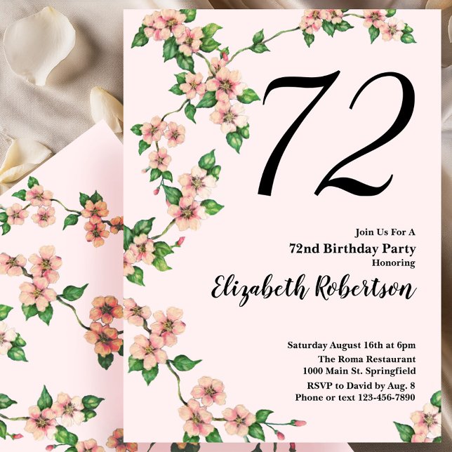 Invitación floral de cumpleaños número 72 en rosa  (Subido por el creador)
