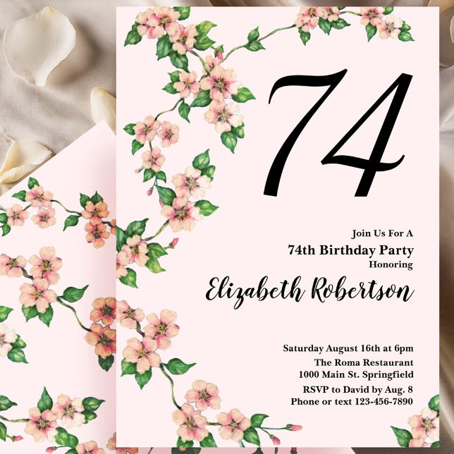 Invitación floral de cumpleaños número 74 en rosa  (Subido por el creador)