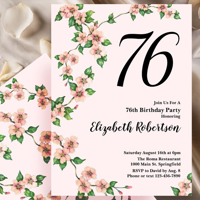 Invitación floral de cumpleaños número 76 en rosa  (Subido por el creador)
