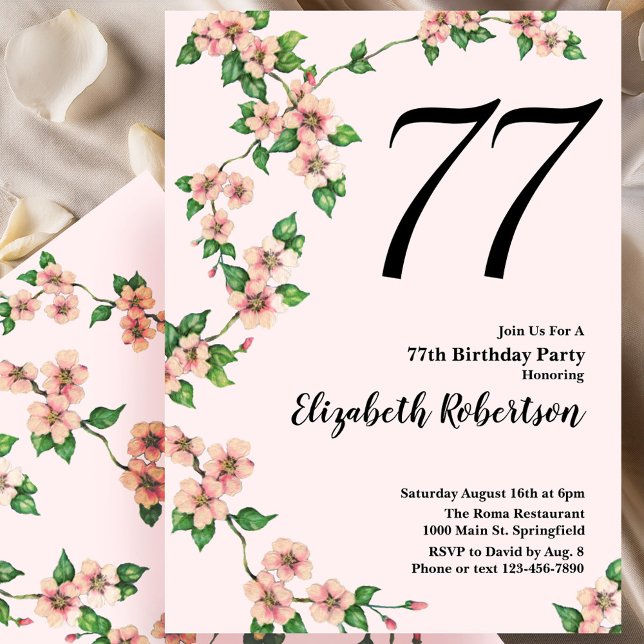 Invitación floral de cumpleaños número 77 en rosa  (Subido por el creador)