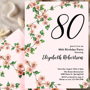 Invitación floral de cumpleaños número 80 en rosa