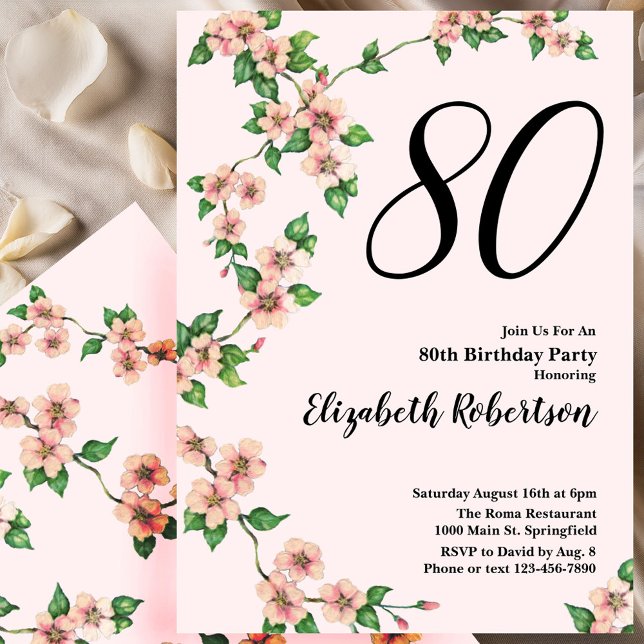 Invitación floral de cumpleaños número 80 en rosa  (Subido por el creador)