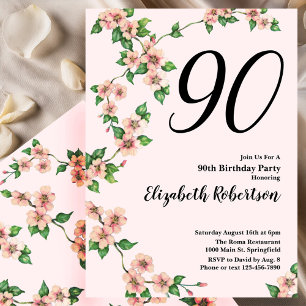 Invitación floral de cumpleaños número 90 en rosa 