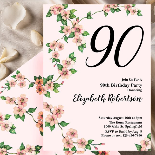 Invitación floral de cumpleaños número 90 en rosa  (Subido por el creador)