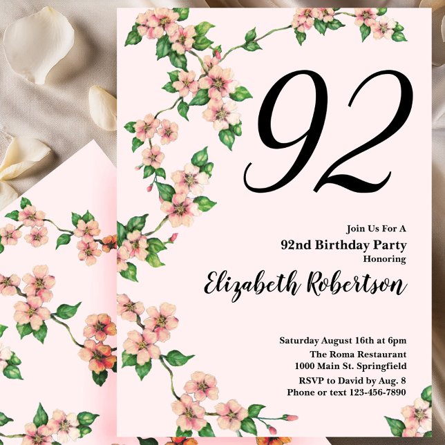 Invitación floral de cumpleaños número 92 en rosa  (Subido por el creador)