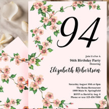 Invitación floral de cumpleaños número 94 en rosa 
