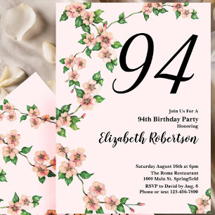 Invitación floral de cumpleaños número 94 en rosa