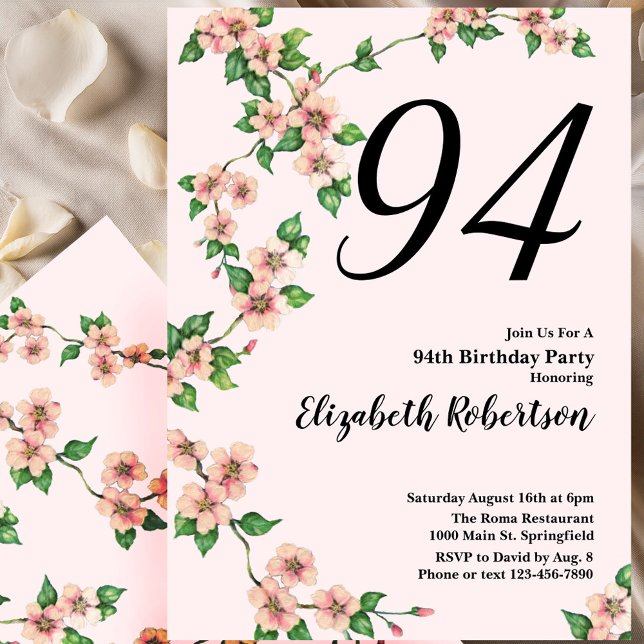 Invitación floral de cumpleaños número 94 en rosa  (Subido por el creador)