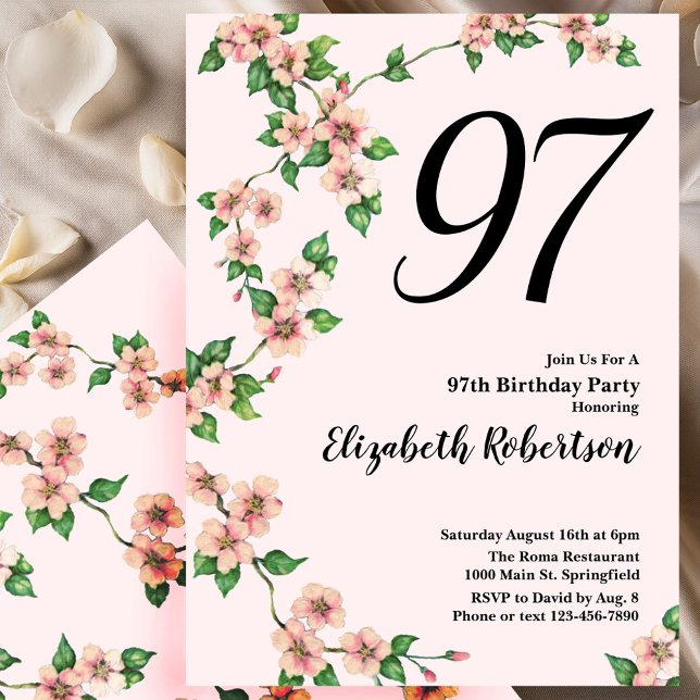 Invitación floral de cumpleaños número 97 en rosa  (Subido por el creador)
