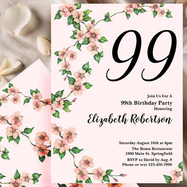 Invitación floral de cumpleaños número 99 en rosa  (Subido por el creador)