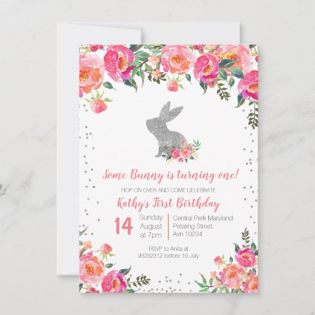 Invitación Floral de cumpleaños para conejito de primavera pl (Anverso)