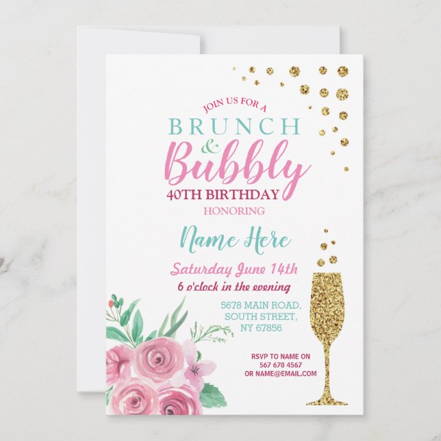 Invitación floral de cumpleaños rosado brunch y bu (Anverso)