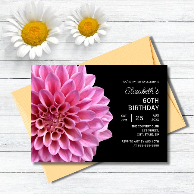 Invitación Floral de Dahlia rosa caída negra 60 cumpleaños (Subido por el creador)