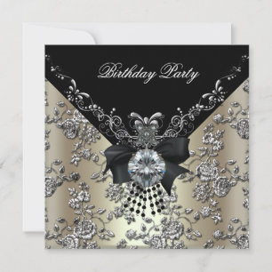 Invitación Floral de Damasco de plata negra crema de fiesta d