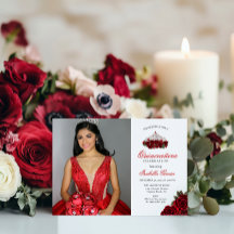 Floral de dos fotos rojas Quinceanera