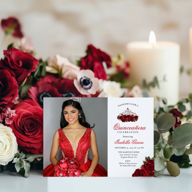 Invitación Floral de dos fotos rojas Quinceanera (Subido por el creador)