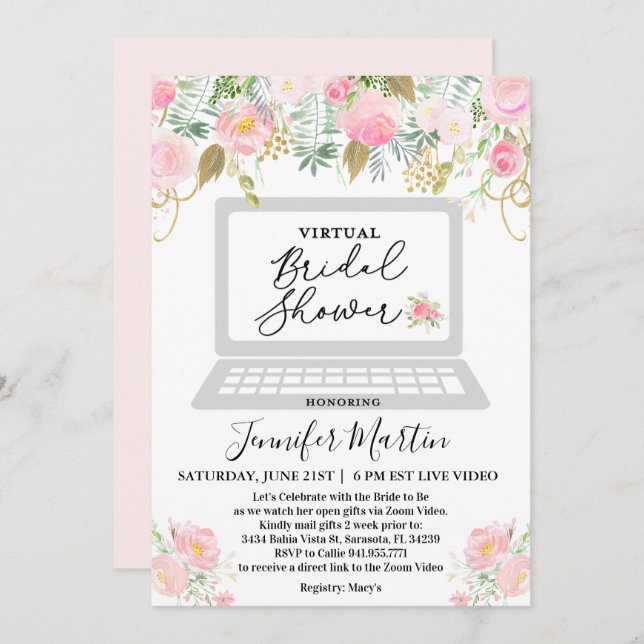 Invitación floral de ducha de novia virtual (Anverso / Reverso)