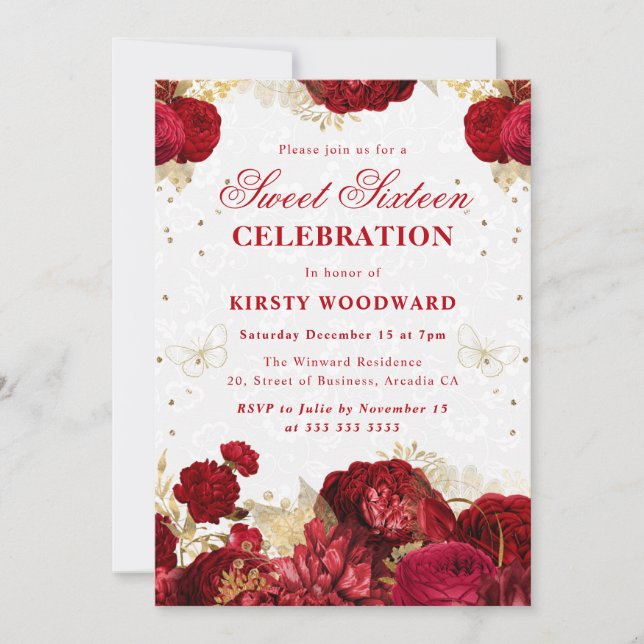 Invitación floral de dulces dieciséis rosas rojas  (Anverso)