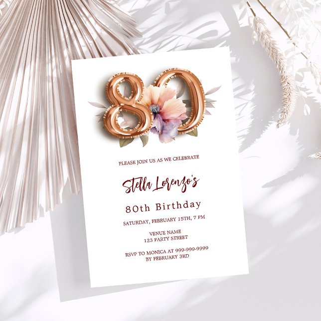 Invitación Floral de durazno de oro blanco 80 cumpleaños (Subido por el creador)