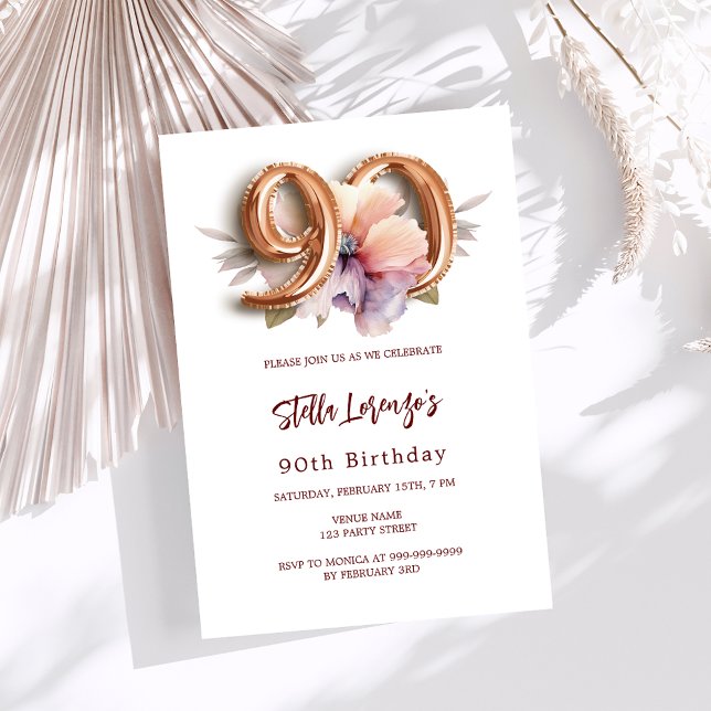 Invitación Floral de durazno de oro blanco 90 cumpleaños (Subido por el creador)