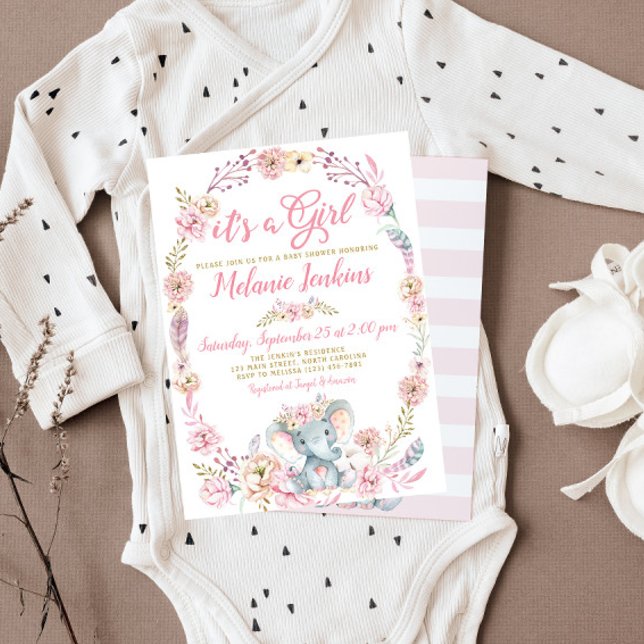 Invitación floral de Elephant Baby Shower chica (Subido por el creador)