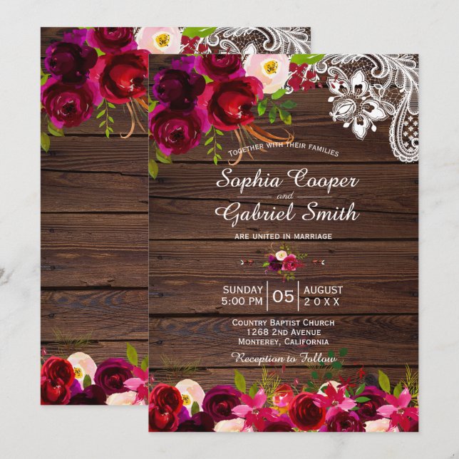 Invitación Floral de encaje rústico de Borgoña | Boda de Barn (Anverso / Reverso)