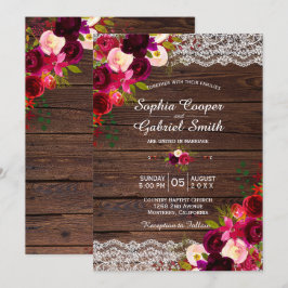 Invitación Floral de encaje rústico de Borgoña | Boda en Barn