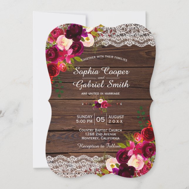 Invitación Floral de encaje rústico de Borgoña | Boda en Barn (Anverso)