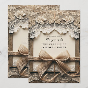 Invitación Floral de Encaje Vintage Arpillera Lazo Boda Rústi