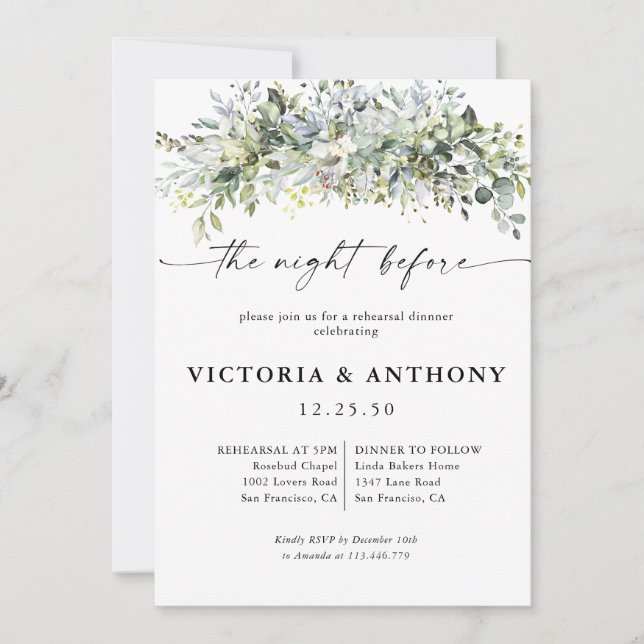Invitación floral de eucalipto rosa la noche anter (Anverso)