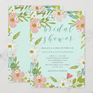 Invitación Floral de felicidad en verde de menta   Bridal Sho