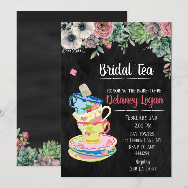 Invitación floral de Fiesta de té de novia (Anverso / Reverso)