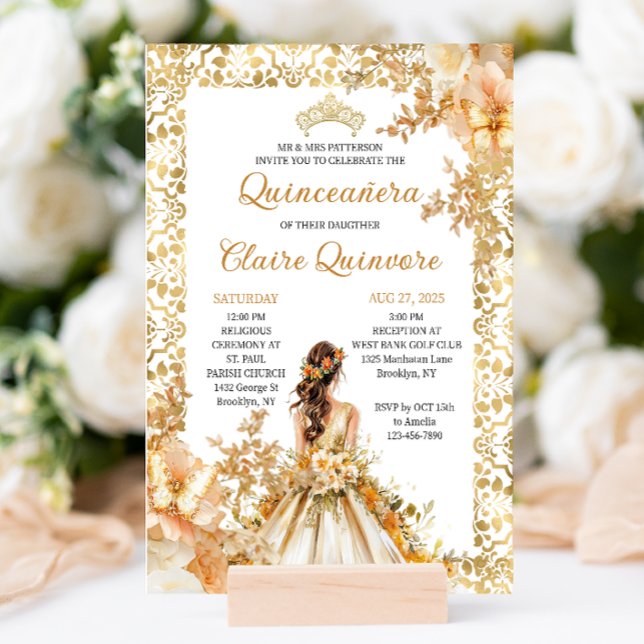 Invitación Floral de flor radiante Princesa de oro Quinceaner (Subido por el creador)