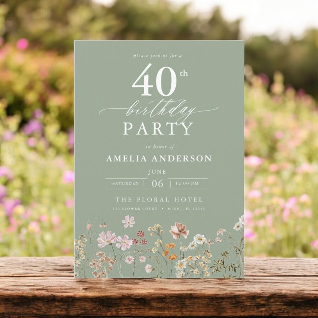 Invitación Floral de flor salvaje verde sabio 40 cumpleaños (Subido por el creador)