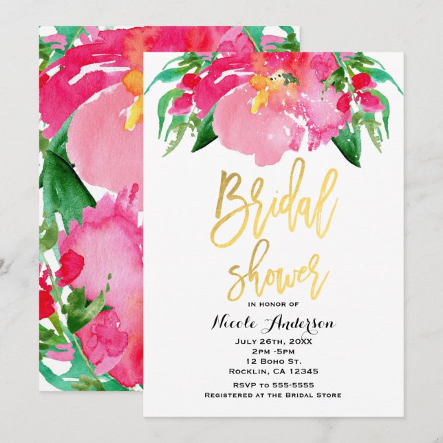 Invitación Floral de flores de acuarela rosa para despedida d (Anverso / Reverso)