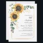 Invitación Floral de flores de girasol moderno cumpleaños núm<br><div class="desc">Eucalyptus Sunflower Floral Script 60th Birthday Invitation puede personalizar fácilmente con los detalles de su fiesta haciendo clic en el botón "Personalizar". Con flores y vegetación amarillo brillante suculento con un marco geométrico de Relieve metalizado dorado y tipografía moderna</div>