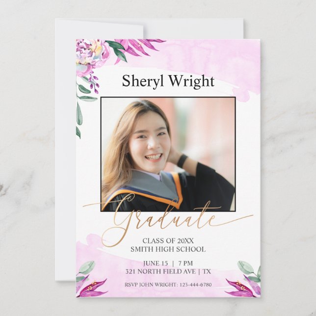 Invitación floral de foto de graduado rosado púrpu (Anverso)